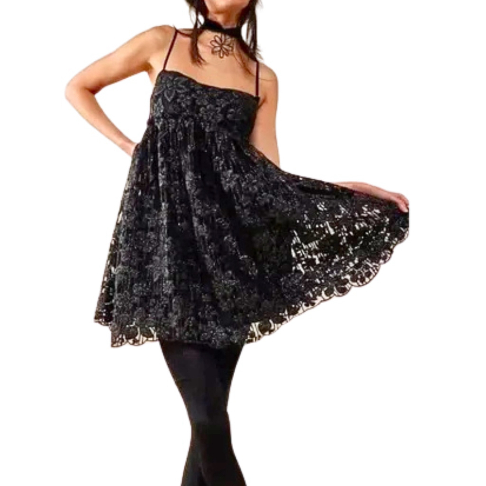 Free People NWT Black All That Glitters‎ Mini Babydoll Party Dress Floral…